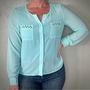 Moon Collection Aqua Long Sleeve Button-Up with Metal Stud Pocket Detail
